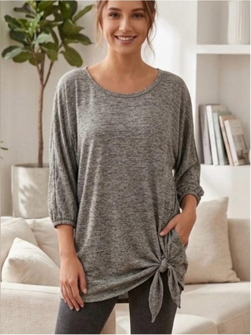 Frank Lyman Gray Heathered Tie-Knot Top Soft Dolman Sleeve Tunic Blouse L 1352